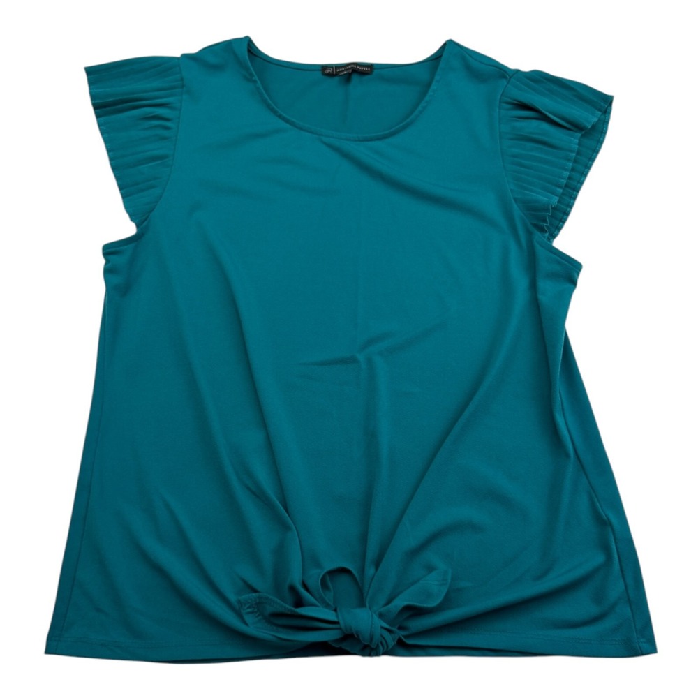 Adrianna Papell Tie-Front Cap Pleated Sleeve Blouse Teal Round Neck Poly Sz S